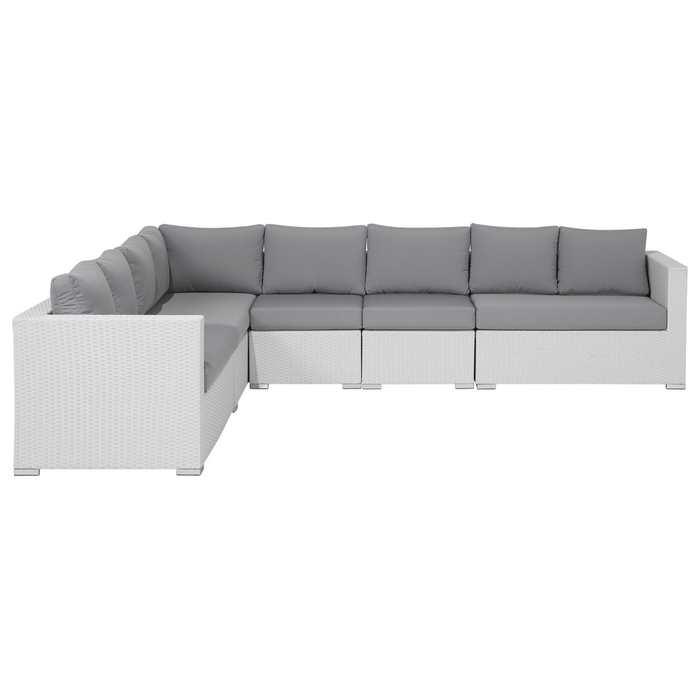 Set divano ad angolo da giardino bianco finto rattan bianco cuscini 8 posti con poltrona tavolo e ottomana vimini set di conversazione