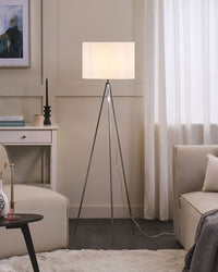 Lampada da terra in metallo argento 148 cm treppiede con paralume in tessuto bianco