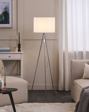 Lampada da terra in metallo argento 148 cm treppiede con paralume in tessuto bianco