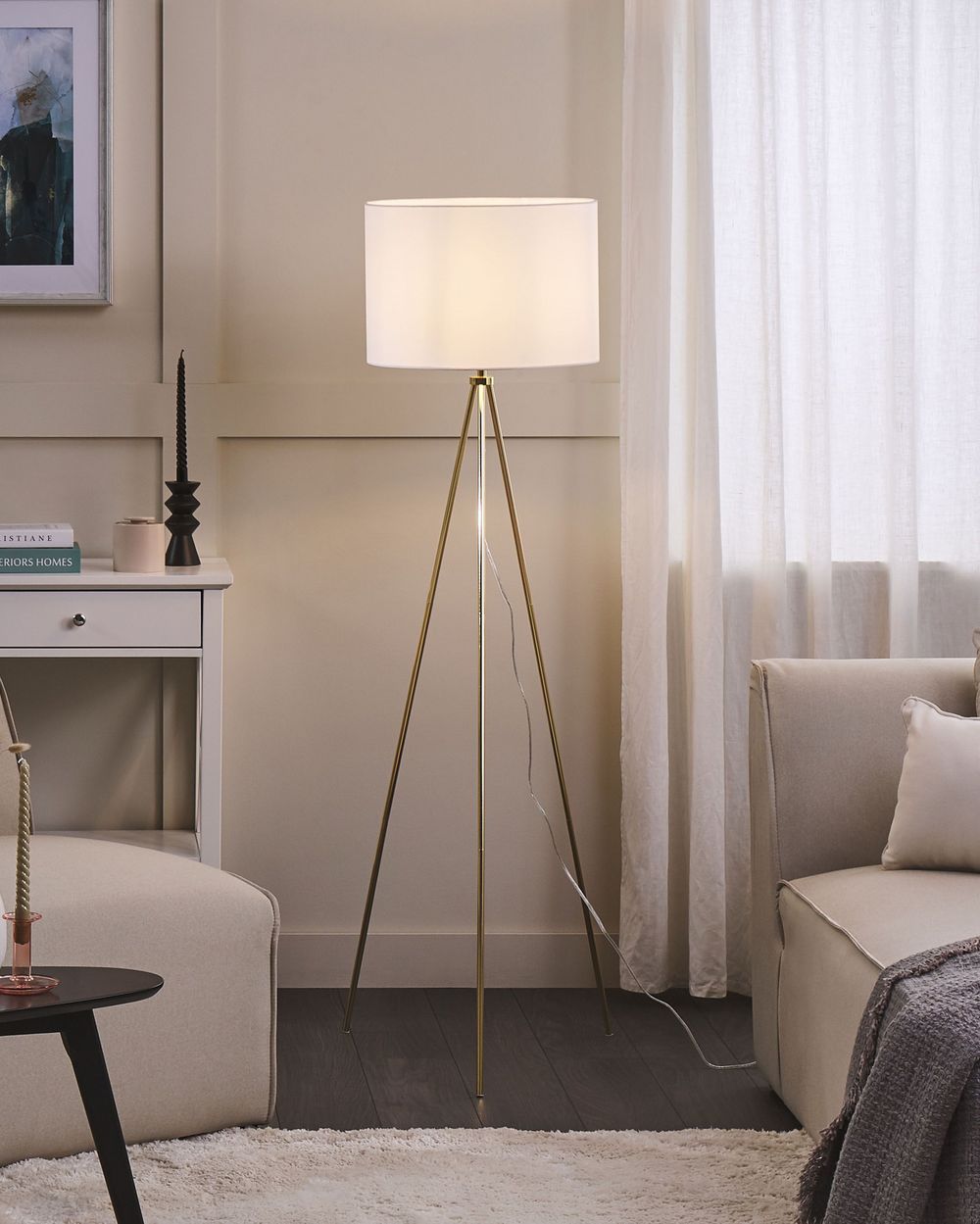 Lampada da terra in metallo dorato 148 cm con supporto per treppiede in tessuto bianco