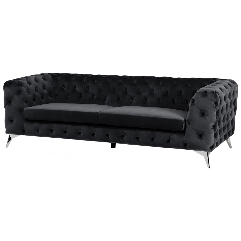 Divano a 3 posti in velluto Nero stile Chesterfield con schienale basso