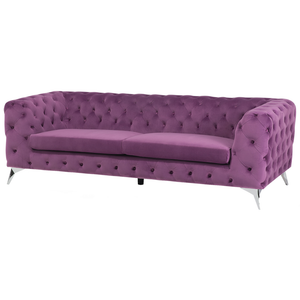 Divano a 3 posti in velluto viola stile Chesterfield con schienale basso