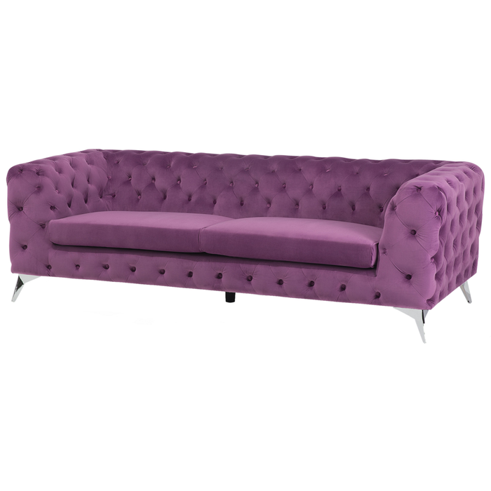 Divano a 3 posti in velluto viola stile Chesterfield con schienale basso