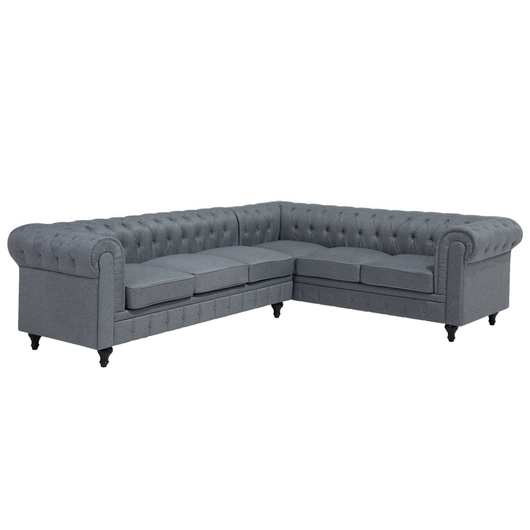 Divano Chesterfield versione sinistra In Tessuto Ad Angolo Rivestimento In Tessuto Grigio Gambe In Legno Scuro Chaise 6 Posti Contemporanea