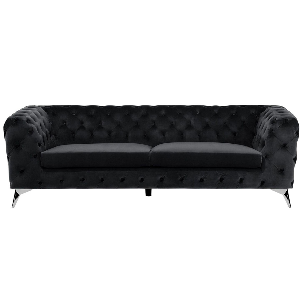 Divano a 3 posti in velluto Nero stile Chesterfield con schienale basso