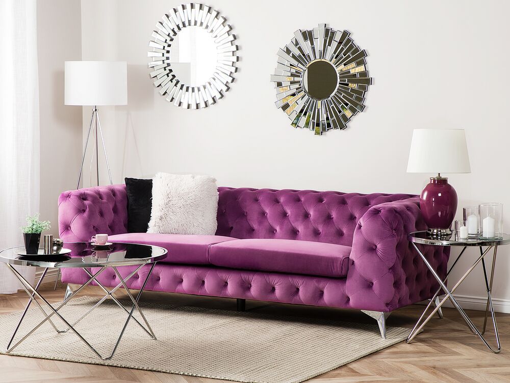 Divano a 3 posti in velluto viola stile Chesterfield con schienale basso