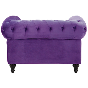 Set da soggiorno Chesterfield rivestimento in tessuto di velluto viola gambe in legno scuro divano a 3 posti + poltrona contemporanea