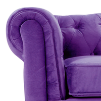 Set da soggiorno Chesterfield rivestimento in tessuto di velluto viola gambe in legno scuro divano a 3 posti + poltrona contemporanea