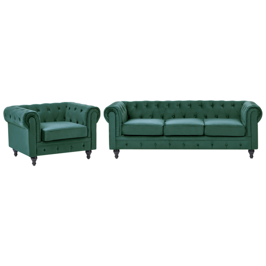 Set da soggiorno Chesterfield rivestimento in tessuto di velluto verde gambe in legno scuro divano a 3 posti + poltrona contemporanea