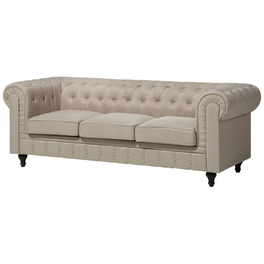 Divano Chesterfield Rivestimento in Tessuto Beige Gambe in Legno Scuro 3 Posti Contemporaneo