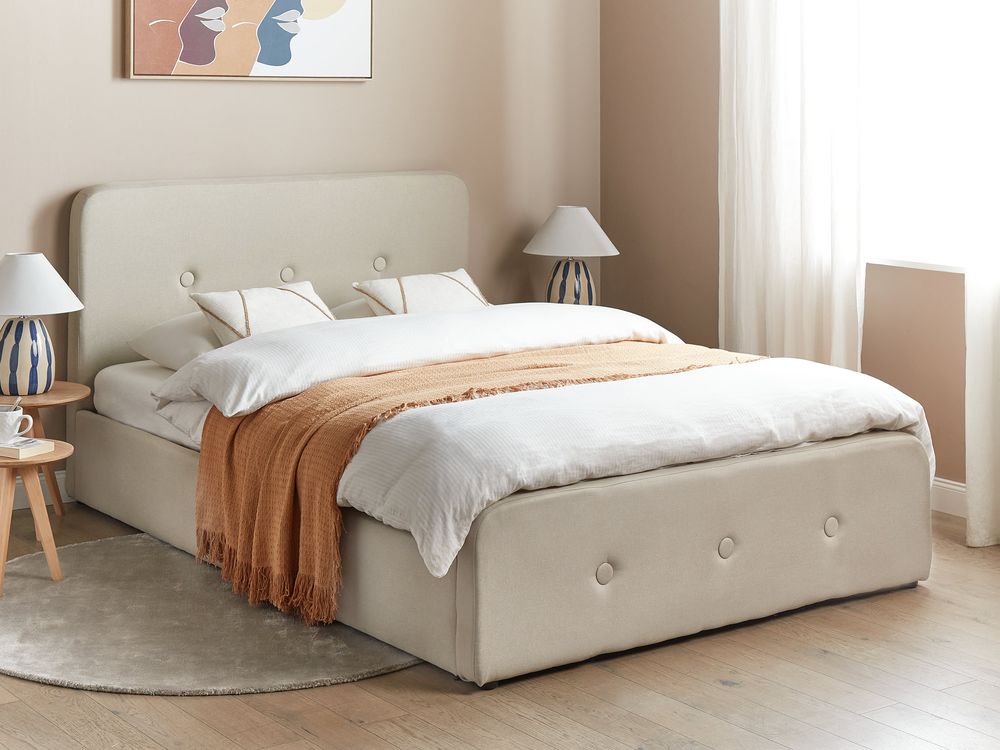 Letto a doghe Tessuto in poliestere beige Gambe in legno imbottite Pouf contenitore 140 x 200 cm matrimoniale Design moderno