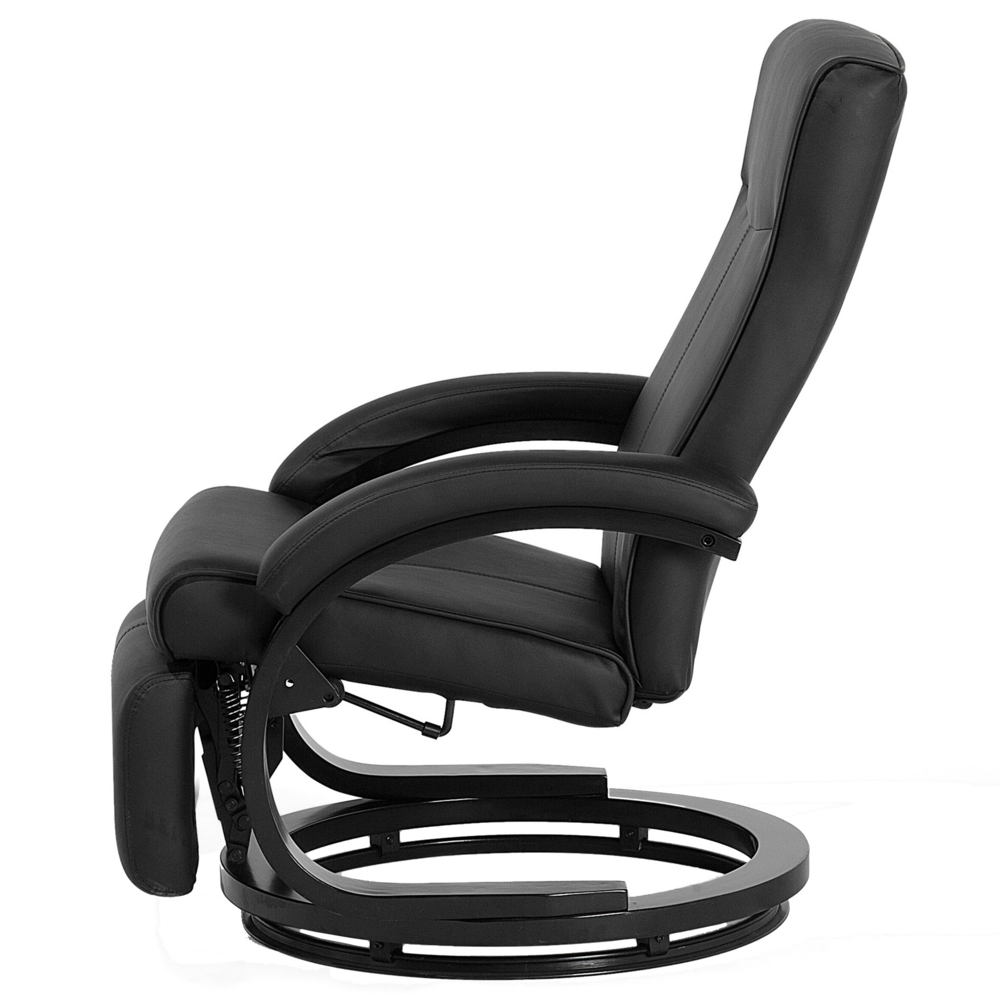 Poltrona reclinabile in ecopelle nera con schienale regolabile e base in legno poggiapiedi estraibile con schienale alto design moderno