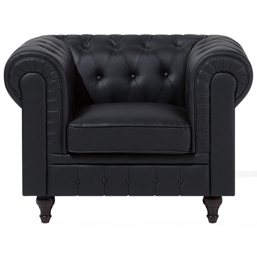 Poltrona Chesterfield Rivestimento in ecopelle nera Gambe in legno scuro Contemporaneo