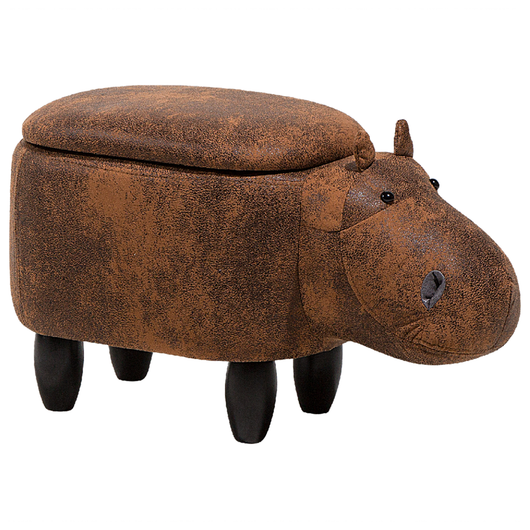 Sgabello per bambini Animale Hippo con contenitore in ecopelle marrone con gambe in legno Poggiapiedi per la scuola materna