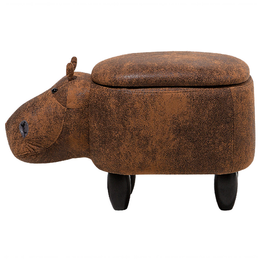 Sgabello per bambini Animale Hippo con contenitore in ecopelle marrone con gambe in legno Poggiapiedi per la scuola materna