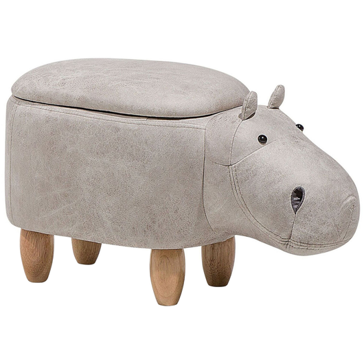 Sgabello per bambini Animale Hippo con contenitore Poggiapiedi per scuola materna in ecopelle grigio chiaro con gambe in legno