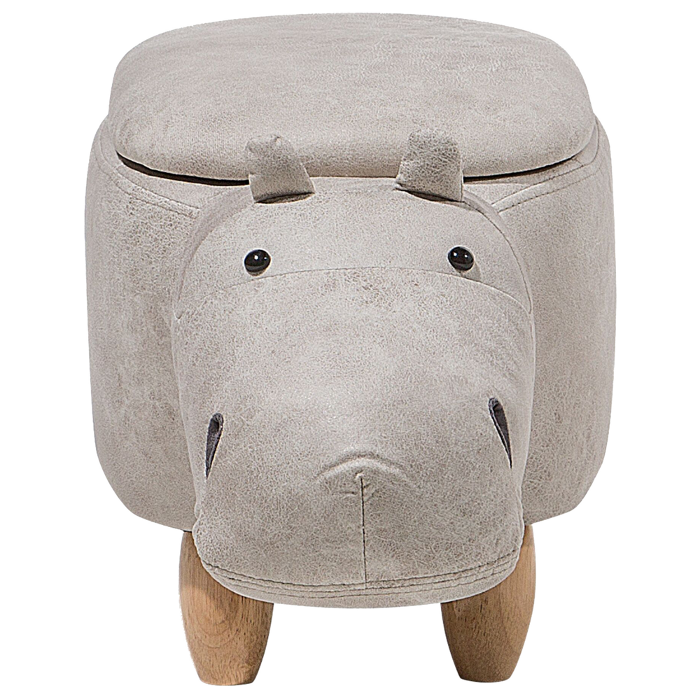 Sgabello per bambini Animale Hippo con contenitore Poggiapiedi per scuola materna in ecopelle grigio chiaro con gambe in legno