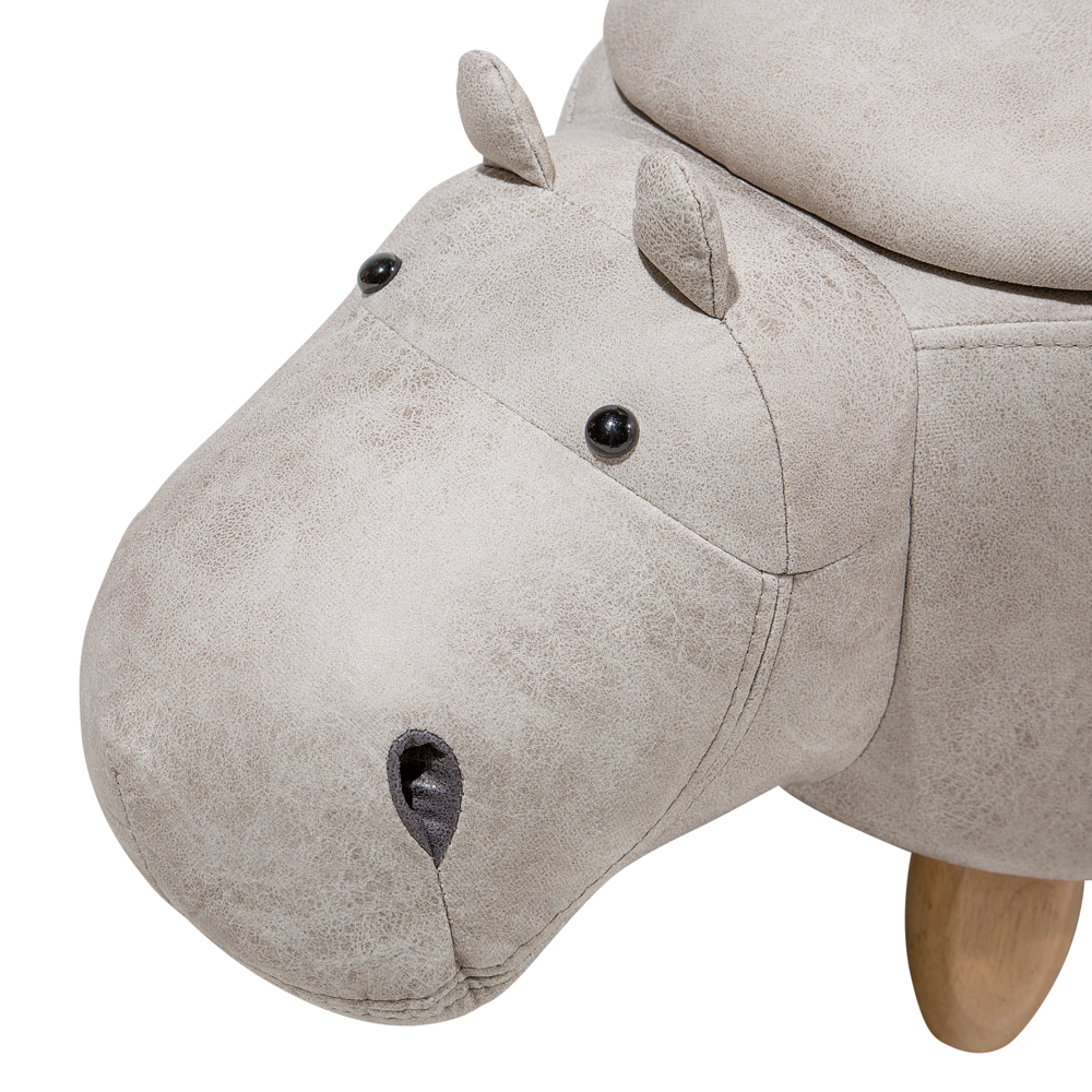 Sgabello per bambini Animale Hippo con contenitore Poggiapiedi per scuola materna in ecopelle grigio chiaro con gambe in legno