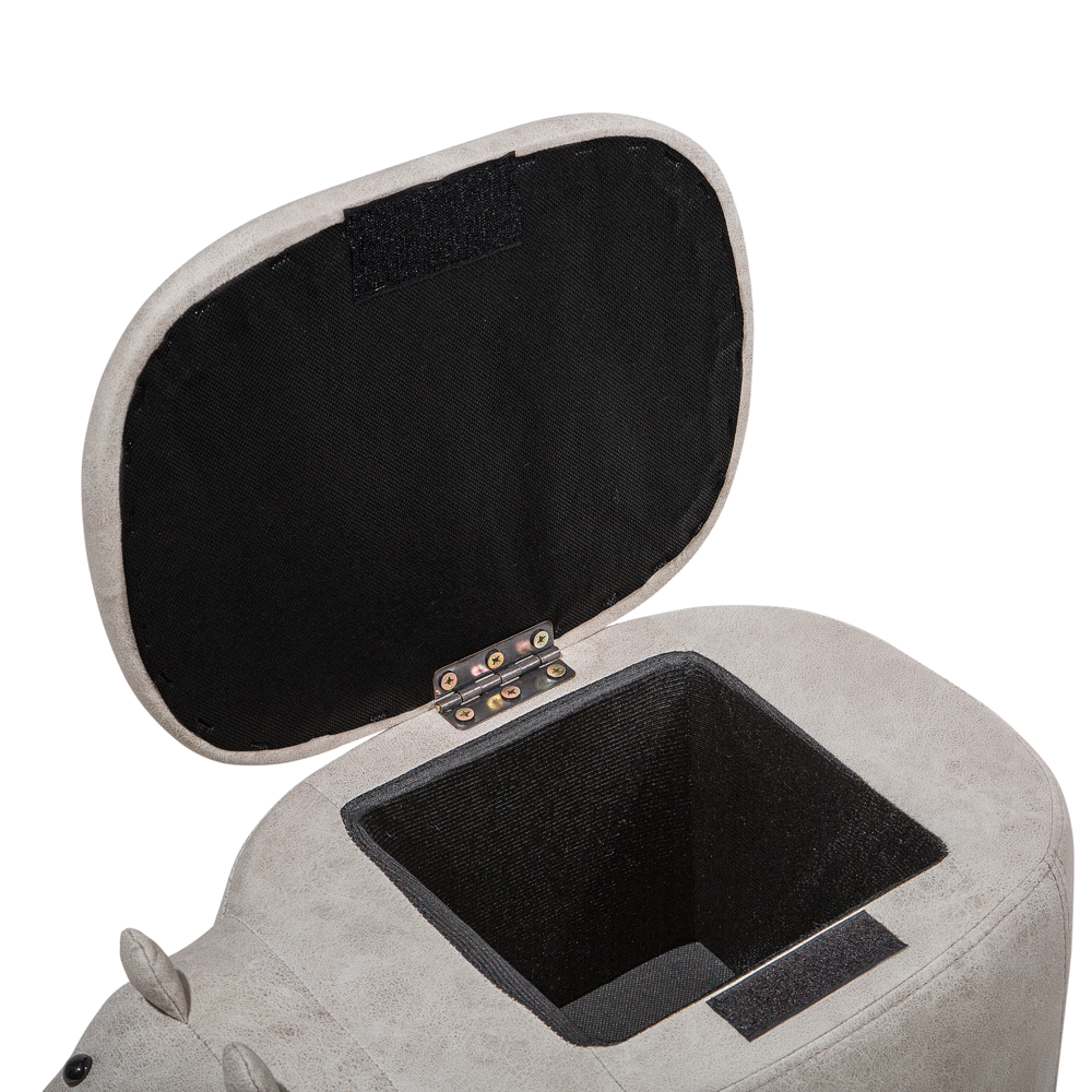 Sgabello per bambini Animale Hippo con contenitore Poggiapiedi per scuola materna in ecopelle grigio chiaro con gambe in legno