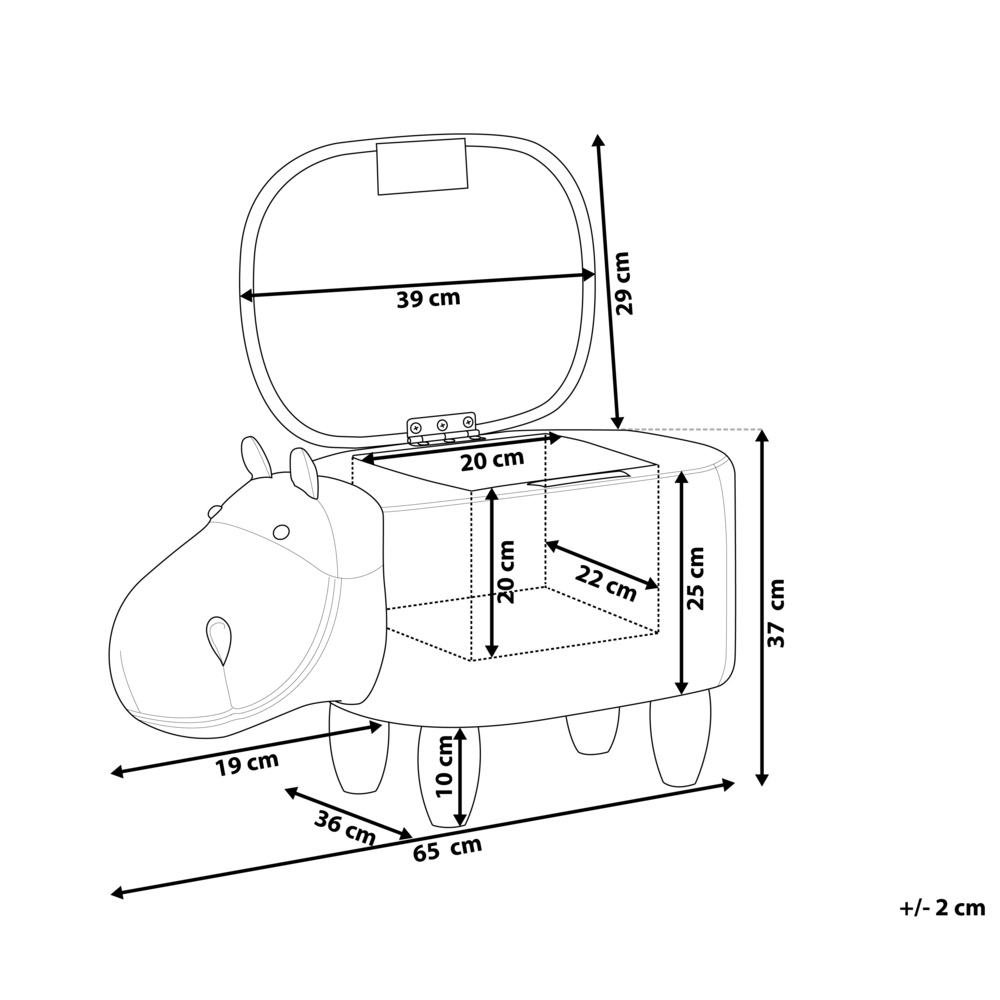 Sgabello per bambini Animale Hippo con contenitore Poggiapiedi per scuola materna in ecopelle grigio chiaro con gambe in legno