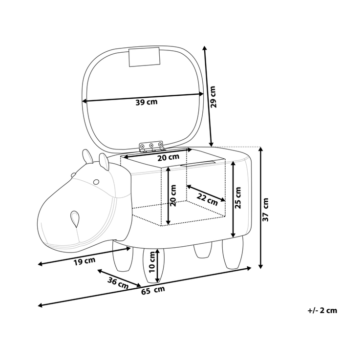 Sgabello per bambini Animale Hippo con contenitore Poggiapiedi per scuola materna in ecopelle grigio chiaro con gambe in legno