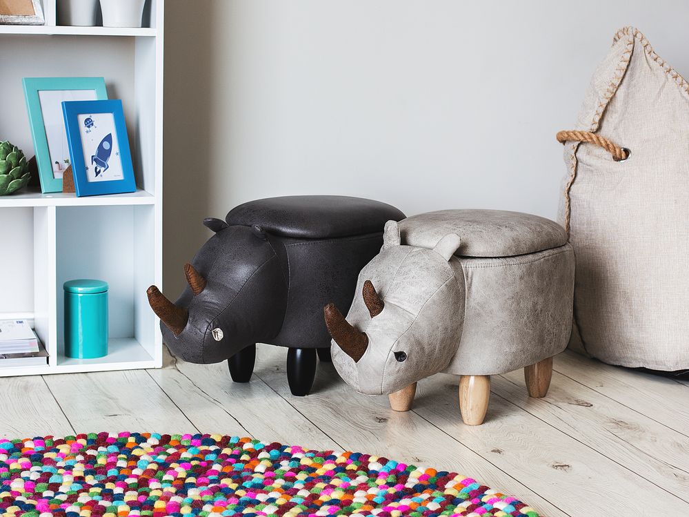 Sgabello per bambini Animale Rhino con contenitore Poggiapiedi per scuola materna in ecopelle grigio chiaro con gambe in legno