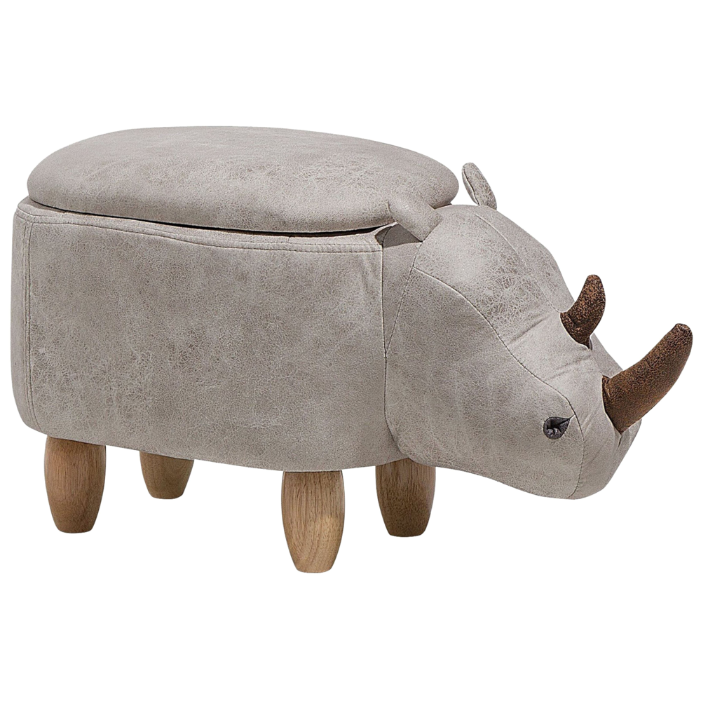 Sgabello per bambini Animale Rhino con contenitore Poggiapiedi per scuola materna in ecopelle grigio chiaro con gambe in legno