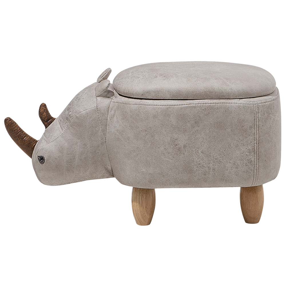Sgabello per bambini Animale Rhino con contenitore Poggiapiedi per scuola materna in ecopelle grigio chiaro con gambe in legno