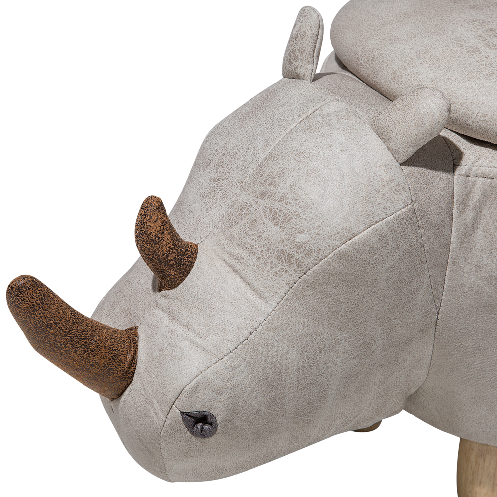 Sgabello per bambini Animale Rhino con contenitore Poggiapiedi per scuola materna in ecopelle grigio chiaro con gambe in legno