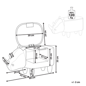 Sgabello per bambini Animale Rhino con contenitore Poggiapiedi per scuola materna in ecopelle grigio chiaro con gambe in legno