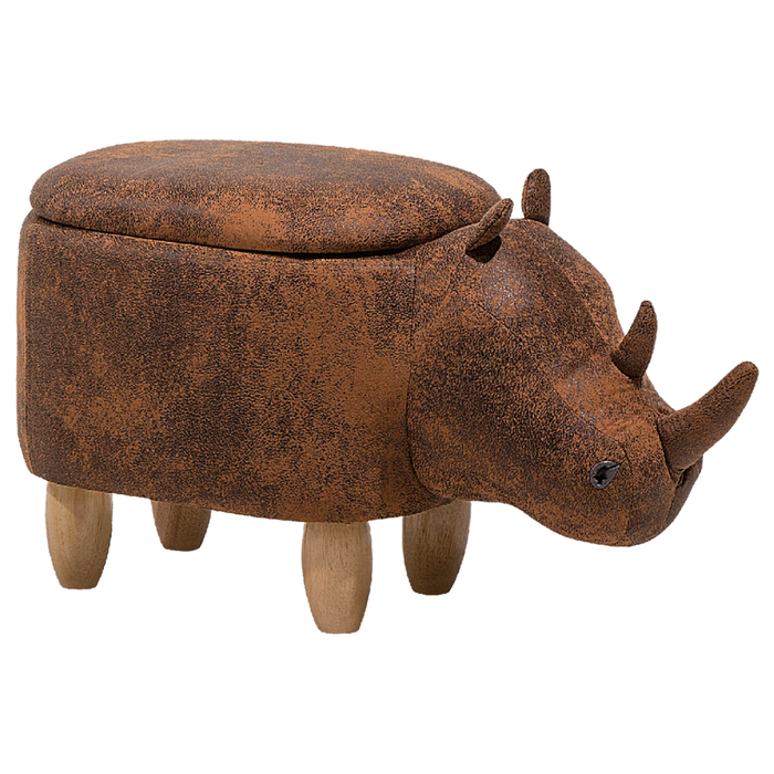 Sgabello per bambini Animal Rhino con contenitore in ecopelle marrone con gambe in legno Poggiapiedi per la cameretta dei bambini