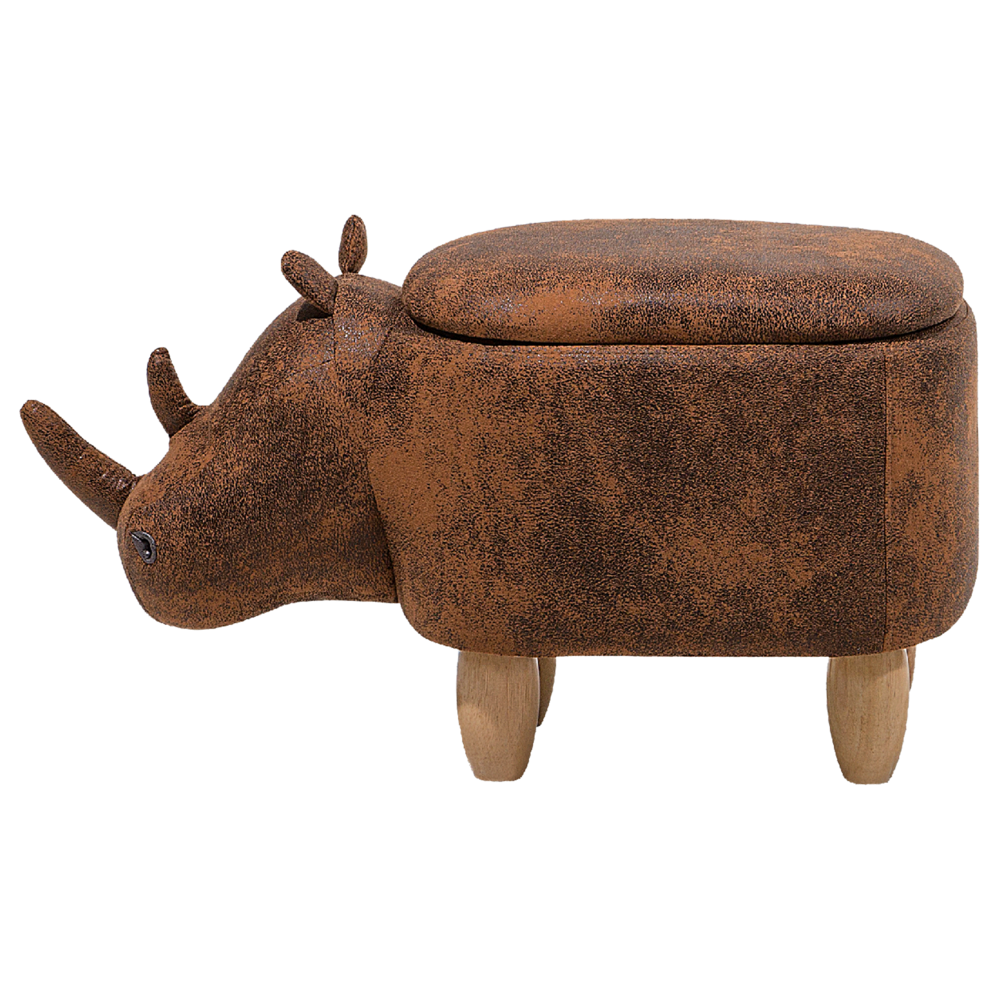 Sgabello per bambini Animal Rhino con contenitore in ecopelle marrone con gambe in legno Poggiapiedi per la cameretta dei bambini