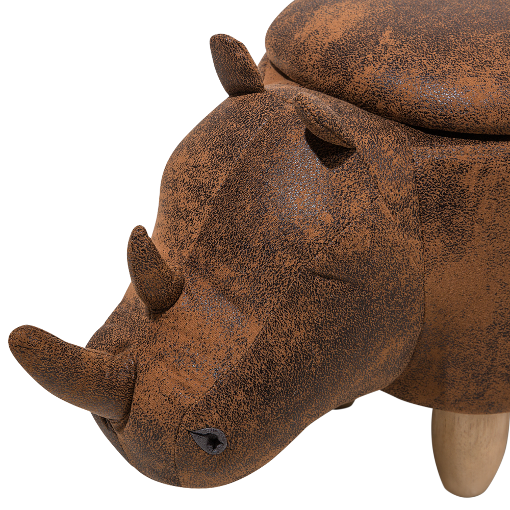 Sgabello per bambini Animal Rhino con contenitore in ecopelle marrone con gambe in legno Poggiapiedi per la cameretta dei bambini