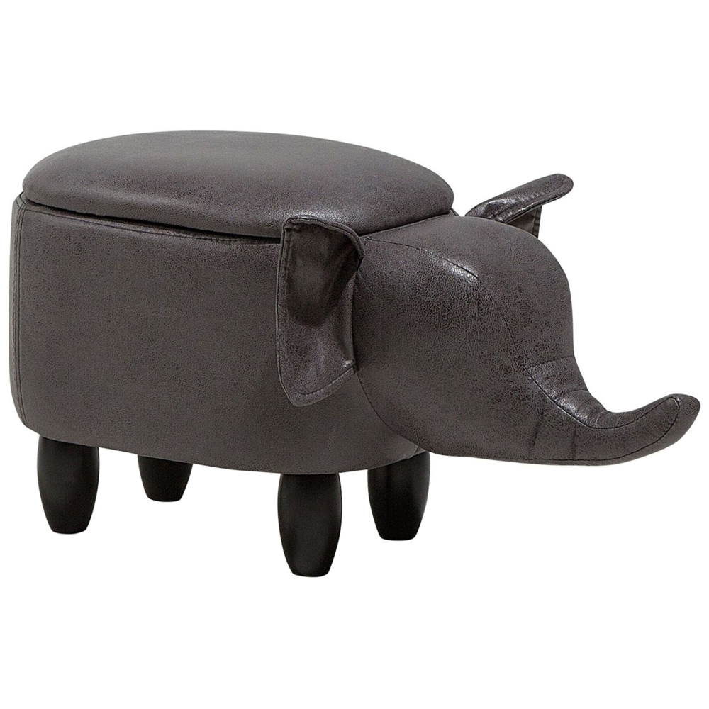 Sgabello per bambini Animale Elefante con contenitore con gambe in legno in ecopelle grigio scuro Poggiapiedi per la cameretta dei bambini