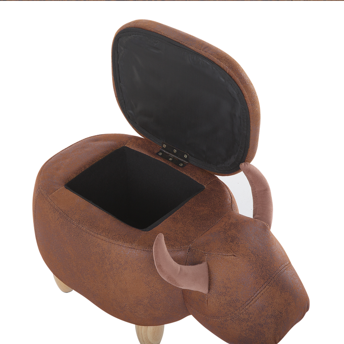 Sgabello per bambini Animale Mucca con contenitore in ecopelle marrone con gambe in legno Poggiapiedi per la scuola materna