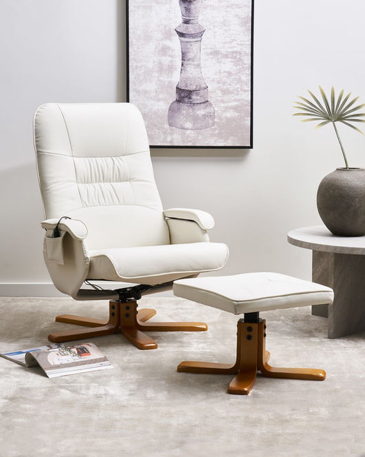 Poltrona reclinabile bianco sporco con poggiapiedi Struttura in legno imbottita in ecopelle Girevole regolabile Riscaldamento Funzione massaggio Design retrò