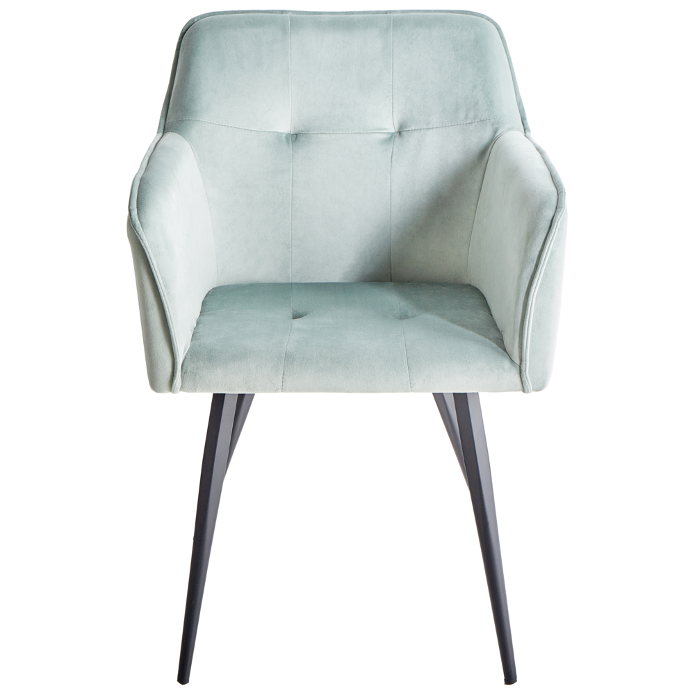 Set di 2 sedie da pranzo con sedile imbottito in velluto verde menta con braccioli e gambe in metallo Nero
