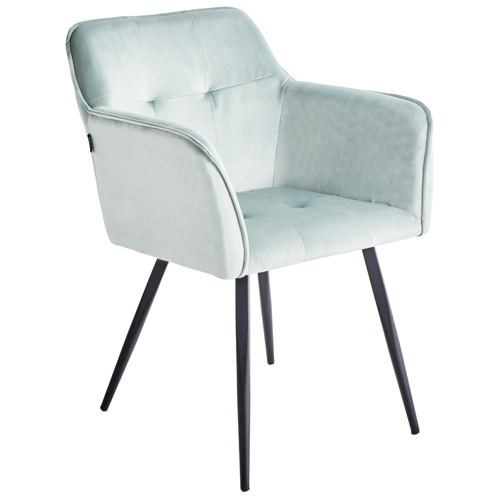 Set di 2 sedie da pranzo con sedile imbottito in velluto verde menta con braccioli e gambe in metallo Nero