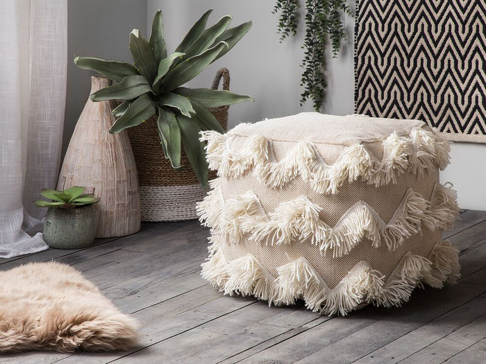 Pouf Cotone Beige Fili Nappe Decorativo Boho Rustico soggiorno