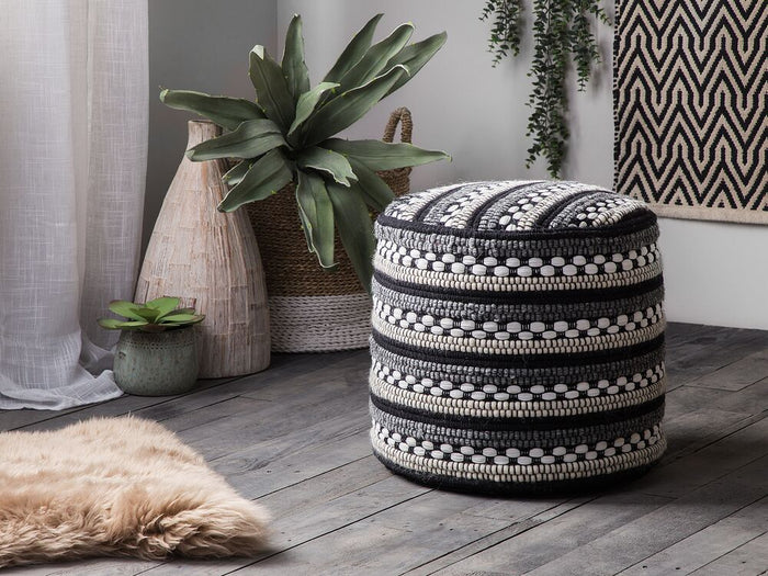 Pouf Bianco e Nero Cotone e Lana Intrecciato Macramè Boho Rustico