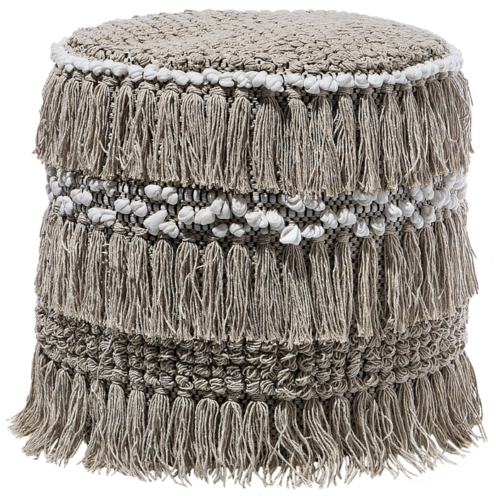 Pouf Beige Cotone Nappe e Nodi Decorativo Boho Rustico soggiorno