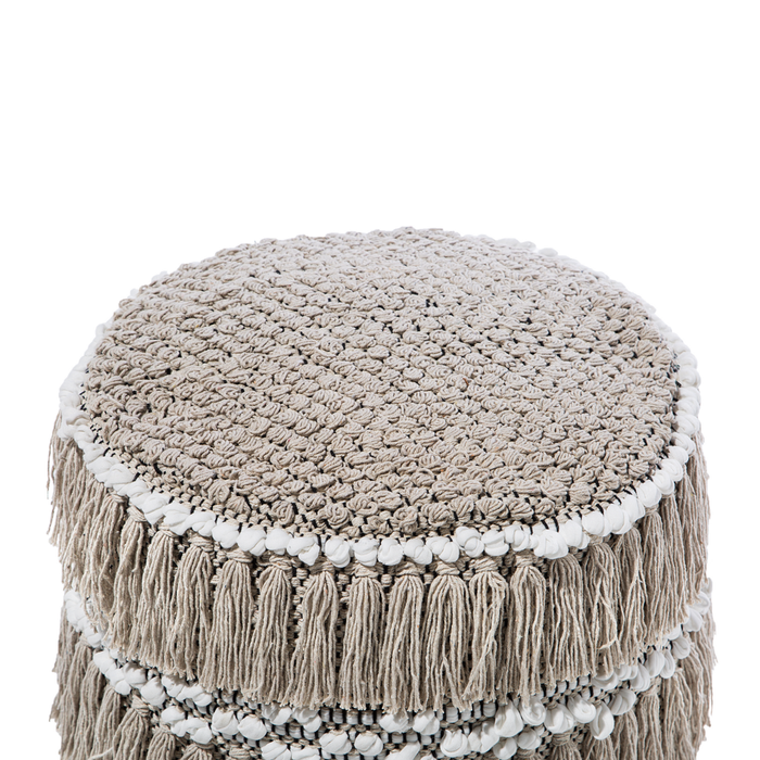 Pouf Beige Cotone Nappe e Nodi Decorativo Boho Rustico soggiorno