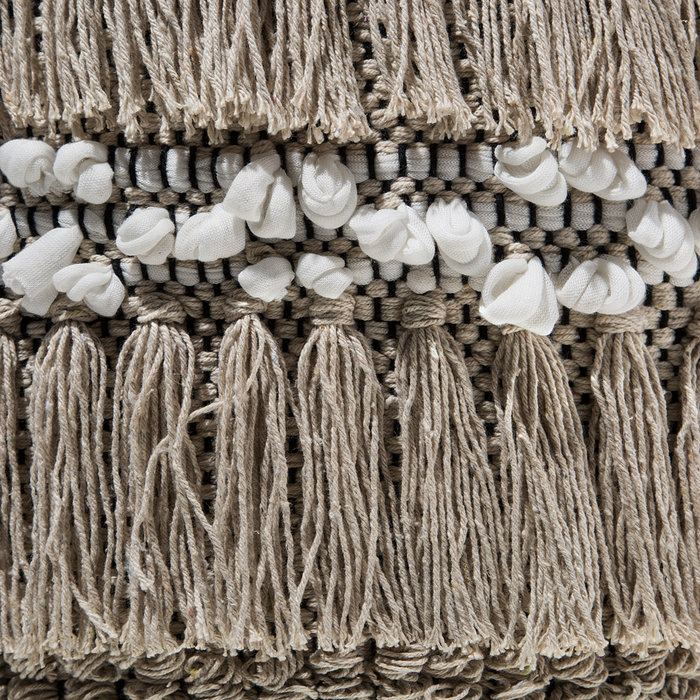 Pouf Beige Cotone Nappe e Nodi Decorativo Boho Rustico soggiorno