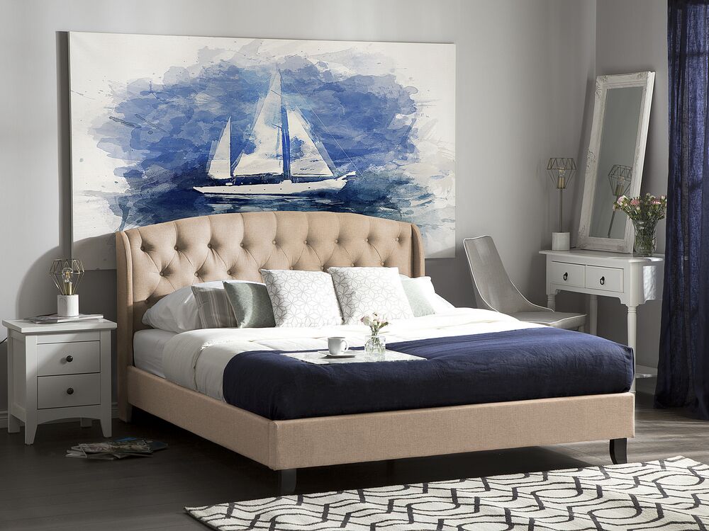 Letto a doghe Beige Poliestere Tessuto Imbottito Poggiatesta Trapiantato 6ft EU Super King Size 180 x 200 cm Design Moderno