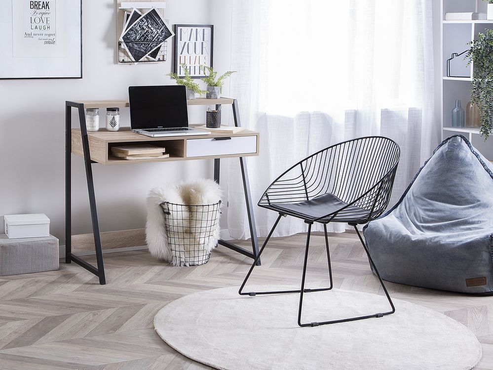 Scrivania da Ufficio in Legno Chiaro e Nero 100 x 46 cm Cassetto Scaffale Scandinavo