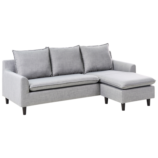 Divano ad angolo Rivestimento in tessuto grigio chiaro Gambe in legno scuro Chaise longue a 3 posti a versione sinistra Cuscino schienale