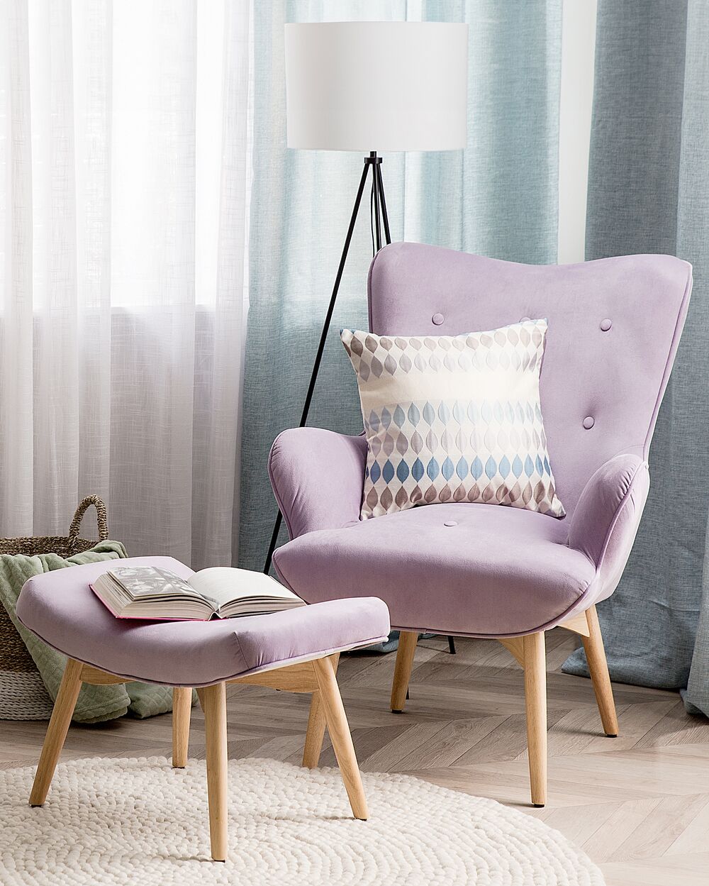Sedia Wingback con tessuto ottomana in velluto lilla abbottonato in stile retrò