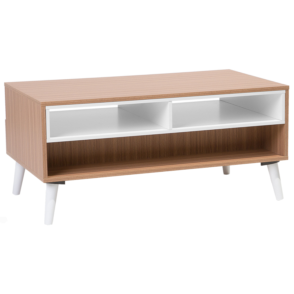 Tavolino da caffè in legno chiaro con ripiani bianchi a 2 cassetti 100 x 60 cm in stile scandinavo