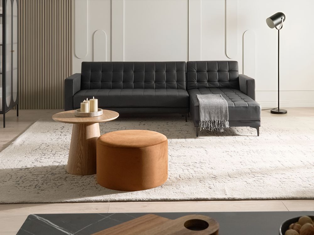 Divano letto ad angolo in ecopelle nera capitonné moderno a forma di L modulare a 4 posti Chaise longue versione sinistra