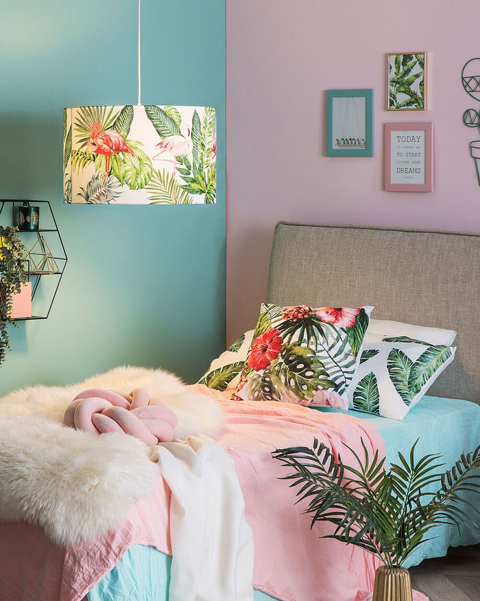 Lampada a Sospensione Tessuto Bianco Foglie Verdi e Stampa Fenicotteri Forma Tamburo Moderna